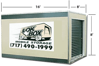 Lok Box 8′ × 16′ portable storage container illustration with dimension markers