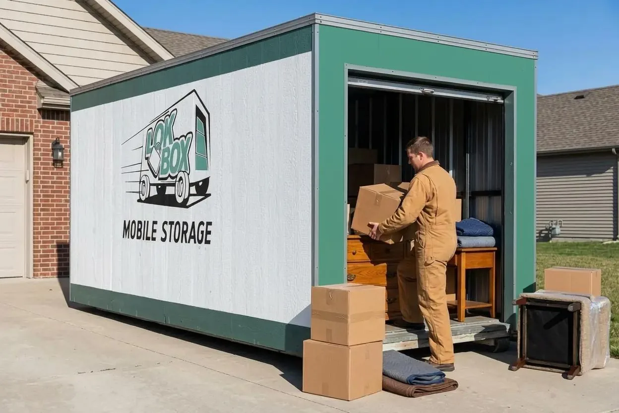 A person loading furniture and stacked boxes into a Lok Box mobile storage container parked in a driveway