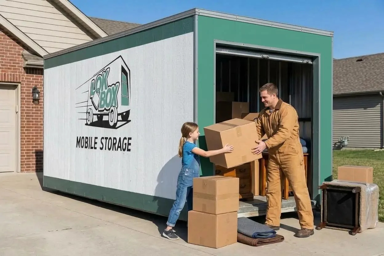 An adult and a child loading moving boxes into a Lok Box-branded portable storage container in a driveway