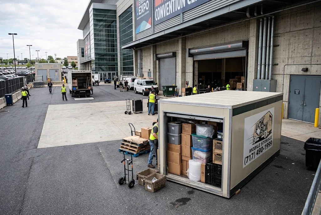 Lok Box container stocked with event supplies outside a convention center, with staff and carts nearby