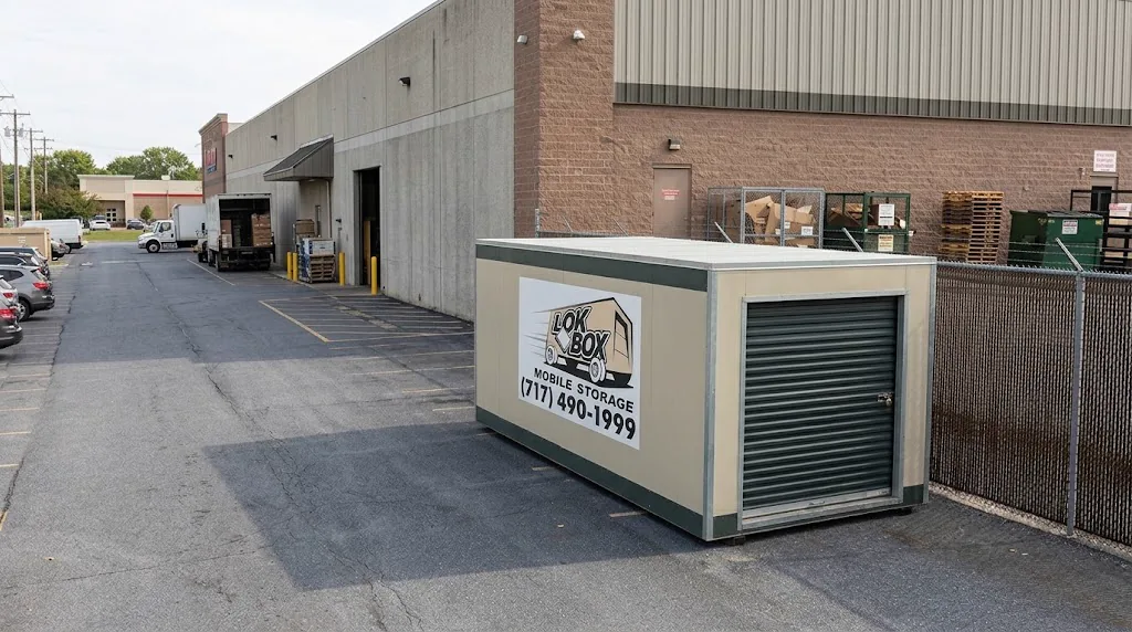 Lok Box mobile storage container outside a retail warehouse and loading area, with pallets and merchandise nearby